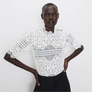 Zara White Lace Crochet Eyelet Short-Sleeve Top NWT size S